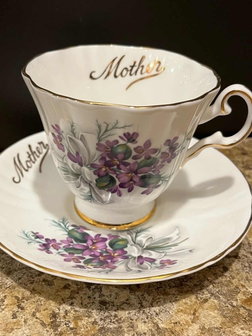 Royal Grafton “Mother” Floral Teacup & Saucer - Purple Violets with Gold Trim